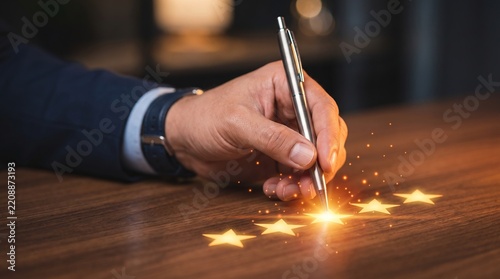 Professional businessman holding shiny metallic pen and selecting glowing five star rating for quality customer service experience indoors