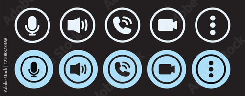 Microphone, speaker, phone call, video camera, and menu icon set, featuring communication and media symbols in blue and white vector illustration,   