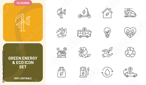 Green energy and eco friendly thin line icons set outline symbol collection for renewable power, ecology, recycling, and sustainable living