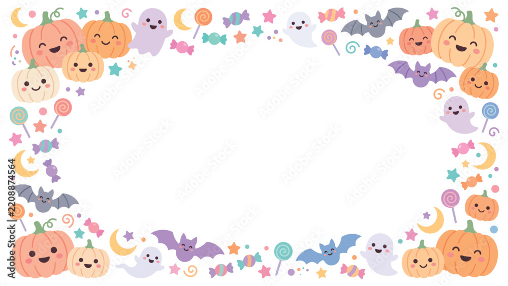 Fototapeta premium Decorative Halloween Border Frame with Pumpkins Ghosts Cats and Floral Elements for Design Projects.