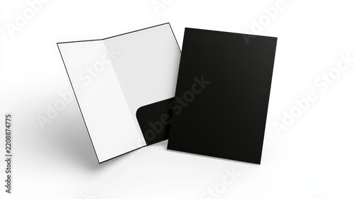 Two black presentation folders, one open and one closed, isolated on white background. Excellent for business branding, office supplies, or corporate identity mockups.