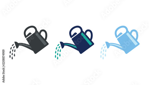 Set of three watering can icons in different color styles, simple flat vector illustrations for gardening and plant care concepts