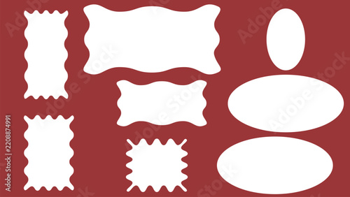 Blank Vintage White Labels and Oval Frames Set on Red Background   Wavy Decorative Blank Label Vector Stickers Collection   Retro White Badge and Price Tag Shapes Pack for Packaging Design   