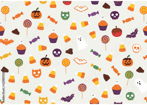 Halloween Candy Seamless Pattern with Candy Corn, Pumpkins, Lollipops and Skulls, Cute Trick or Treat Vector Background