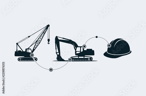 Industrial Heavy Construction Equipment Icons and Hard Hat Linked for Engineering Infrastructure