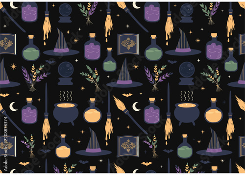 Witchy Halloween Seamless Pattern with Potion Bottles, Cauldron, Witch Hat and Crystal Ball on Dark Background