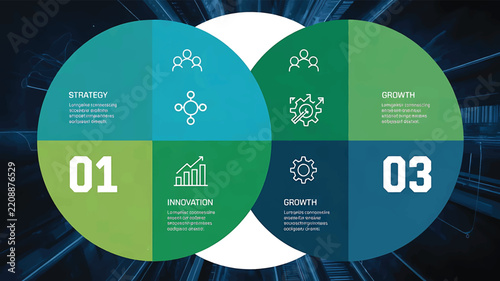 workflow strategy data, A professional infographic design featuring three numbered sections with icons and text overlays on a dark blue digital background
