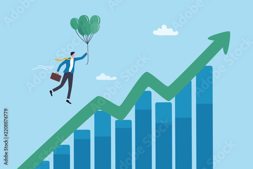 Business growth chart, growing profit and improvement progress, success arrow graph increase or rising up, investment diagram, businessman with balloons flying on business growth growing diagram.