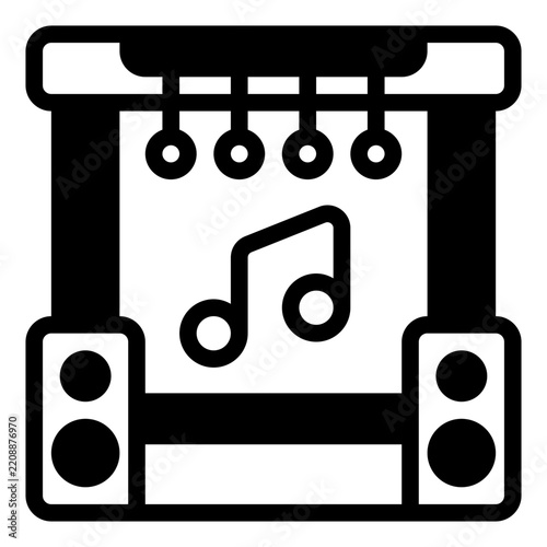Vector illustration of a musical note symbol on a sound system with speakers, in a flat design style, suitable for music, audio, or entertainment themes.