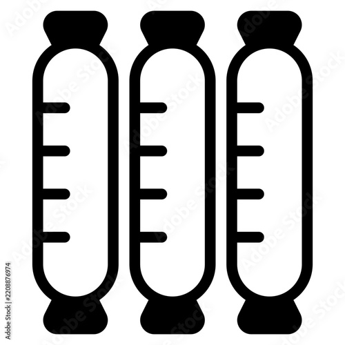 Flat style vector illustration of three hot dog sausages in buns with mustard lines, suitable for food, menu, or culinary design projects.