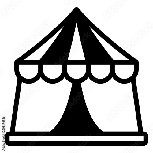 A flat style vector illustration of a classic circus tent with beige and brown colors, featuring a pointed top and scalloped edges, suitable for entertainment or event themes.