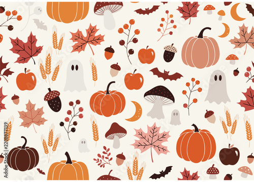 Autumn Harvest Seamless Pattern with Pumpkins, Maple Leaves, Acorns and Mushrooms, Fall Vector Background
