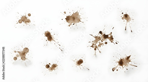 Natural coffee spill splatters on white background set for vintage scrapbooking design layout.