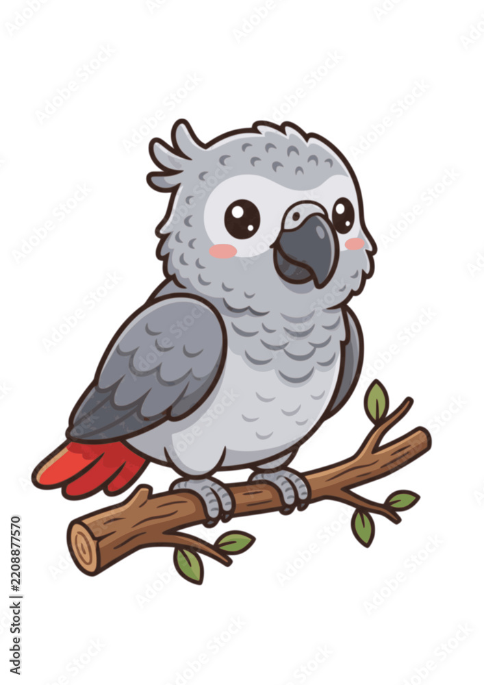 Obraz premium Baby African Grey Parrot cute cartoon vector illustration white backgr
