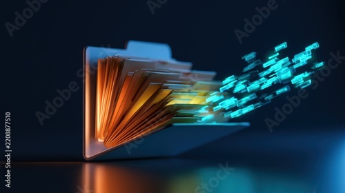 A digital file folder releases glowing data packets in a dark space. This represents cloud computing and efficient information transfer for modern business technology.