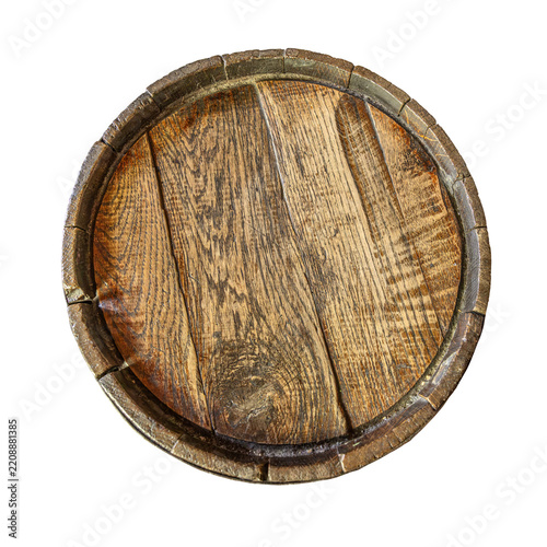 Top view of a rustic wooden barrel lid, old oak barrel head isolated in transparent background.