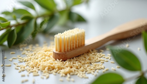 Bamboo toothbrush with soft yellow bristles resting on scattered small white granules and green leaves.