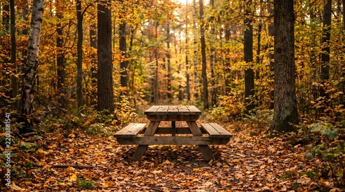 Rustic Wooden Table and Benches in Warm Autumn Forest with Golden Foliage