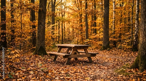 Cozy Wooden Picnic Table in an Autumn Forest Surrounded by Golden Fall Leaves
