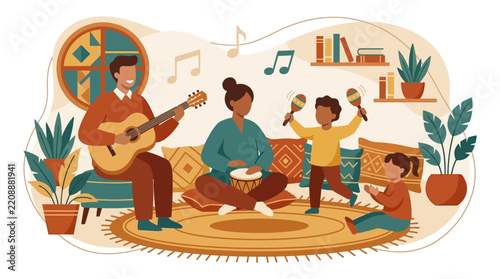 A happy family playing musical instruments together in a cozy living room, enjoying a fun music session at home.