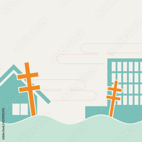 Flat Style Depiction City Flood Disaster, Teal Blue and Orange Color Artwork