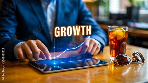 Growth concept showing a business professional using a tablet with an upward graph in a modern workspace