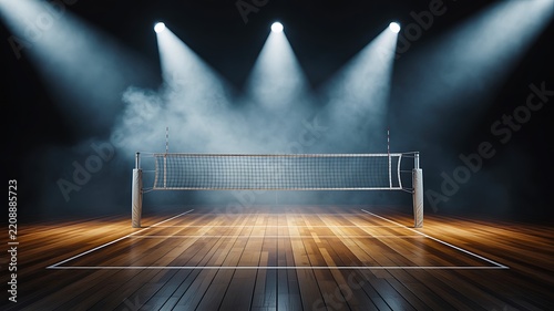 Badminton court with net under dramatic spotlights in a dark indoor sports arena