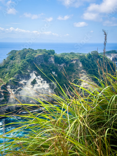 Green grasses in the foreground with rugged coastal cliffs and blue ocean behind at a viewpoint near Atuh Beach, Nusa Penida, Bali, Indonesia