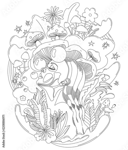 Dreamy surreal vector line art illustration featuring a female face in profile surrounded by whimsical mushrooms, tropical foliage, flowers, clouds, rainbows, and sparkling stars. Minimalist black and