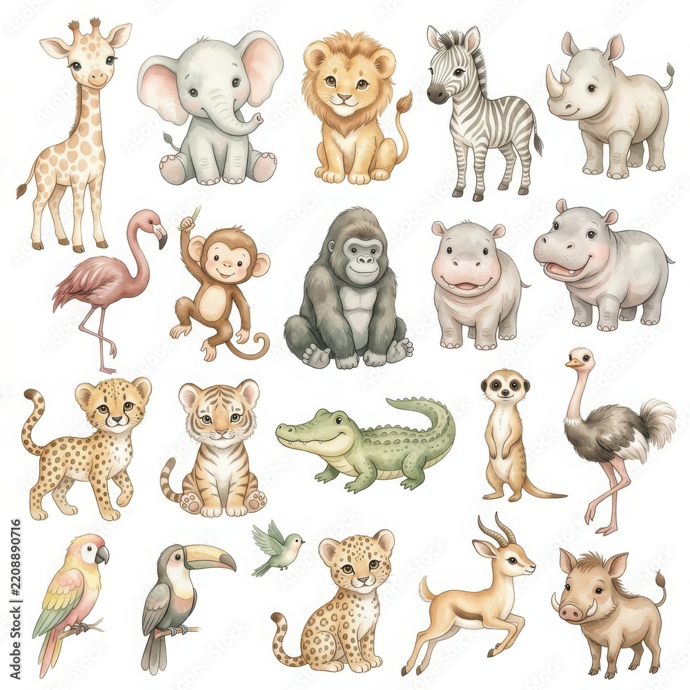 Fototapeta premium Cute Safari Baby Animals Clipart Collection Isolated on White Background