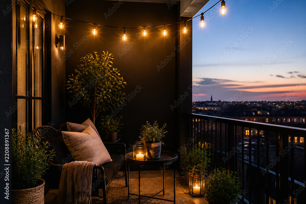 Fototapeta premium A cozy outdoor balcony scene at dusk with string lights, greenery, and a city skyline view.