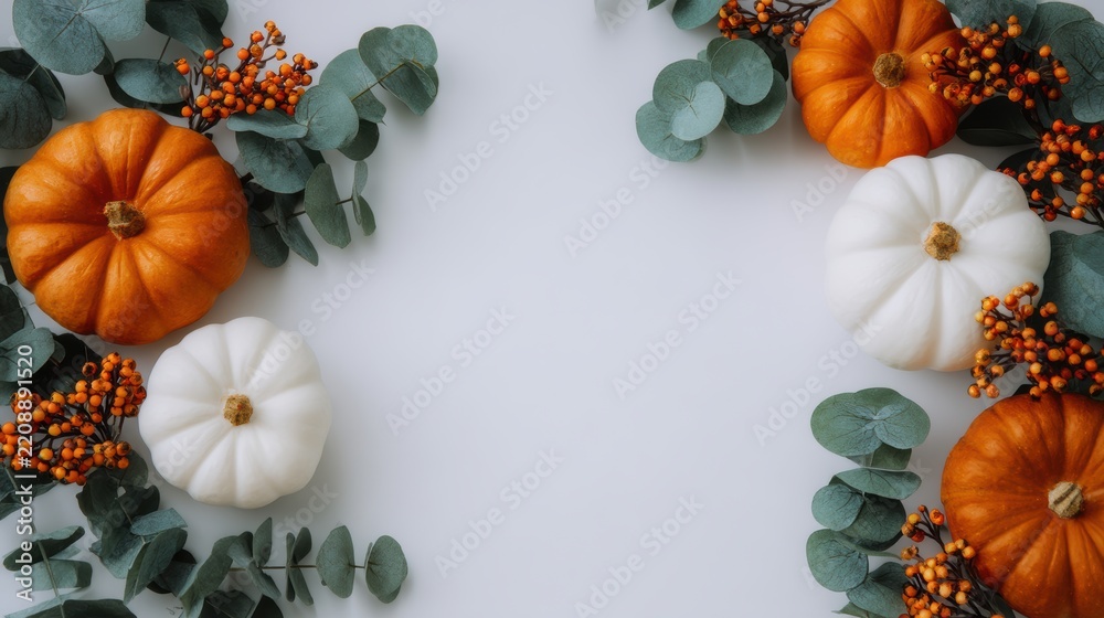 Obraz premium Autumn floral arrangement with small pumpkins, berries, dried flowers, and eucalyptus on textured backdrop, top view composition with warm seasonal colors and copy space