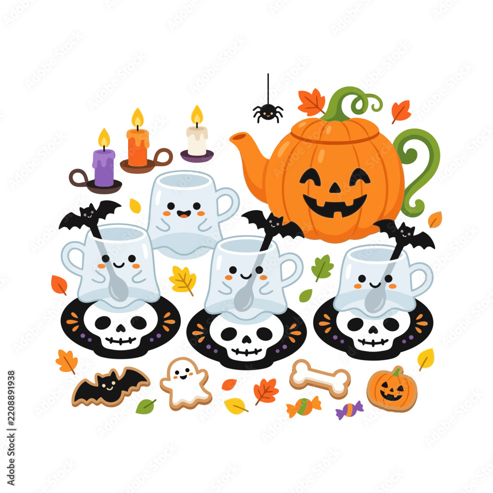 Obraz premium Cute Halloween Characters: Ghost Mugs, Pumpkin Teapot, Spider, Bats, Cookies