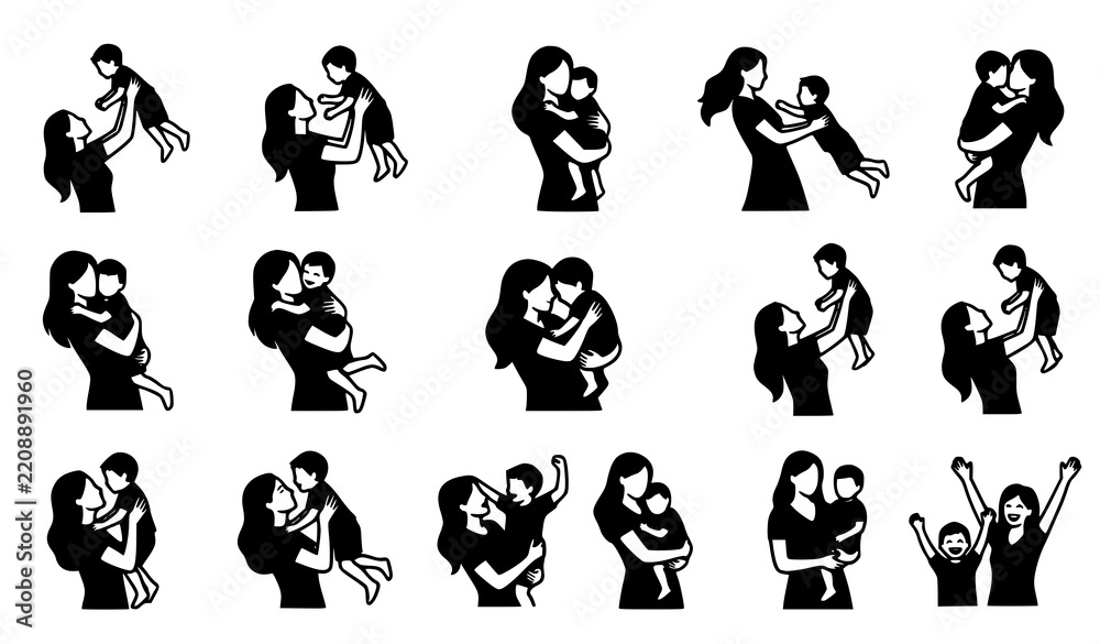 Obraz premium Collection of black silhouettes depicting mothers and children in loving embrace