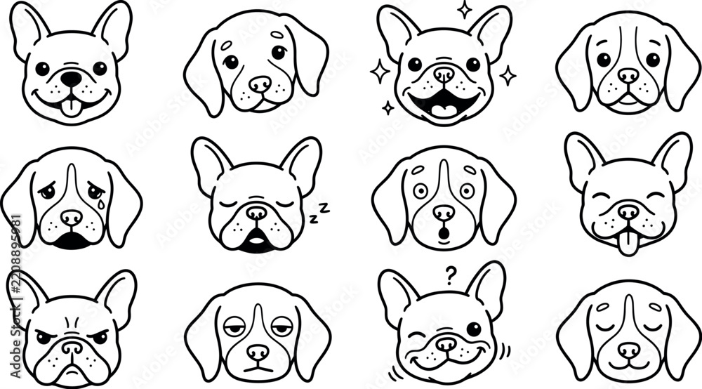 Fototapeta premium Cute Dogs Vector Set Collection with Cartoon Pet Faces, Funny Animal Characters, Puppy Icons and Adorable Mammal Illustrations