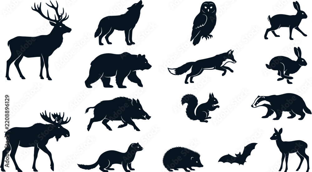Fototapeta premium Deer Silhouettes Set, Wild Animal Silhouette Collection with Deer, Dog, Cat, Horse, Bear, Wolf, Bird, Fish and Other Mammal Vector Icons on White Background