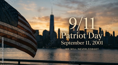 Remembering 9 11 patriot day with the american flag and new york city skyline at sunset