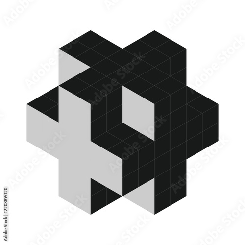 3D geometric cube blocks forming intersecting cross pattern