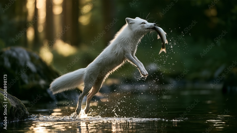 Obraz premium Fox catching fish in a forest stream during daylight hours