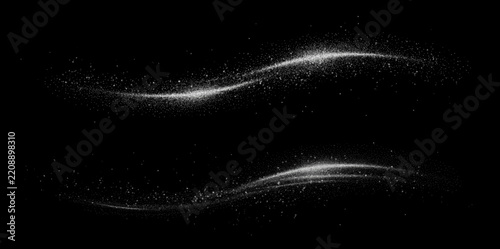 Silver glitter wave trail with glowing stardust particles. Abstract sparkling dust swoosh isolated PNG overlay