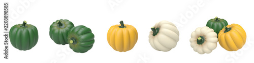 3d autumn acorn squash vector set featuring green, white and yellow-gold colored pumpkins. Colorful cartoon style, isolated, for Thanksgiving, Halloween, fall and seasonal projects.