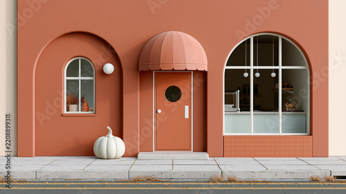 Modern glass storefront displays a vibrant orange tree behind large windows and a black frame.