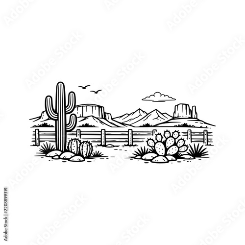 Texas desert landscape black and white illustration line art minimalist doodle style