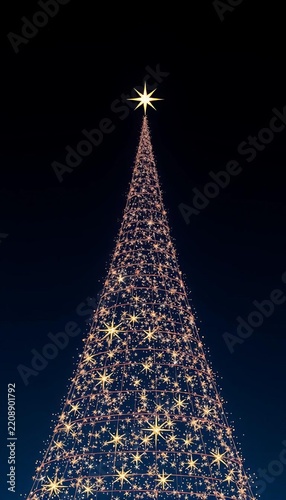 Cosmic Christmas tree formed by twinkling stars against a dark blue sky, Holiday, Shine