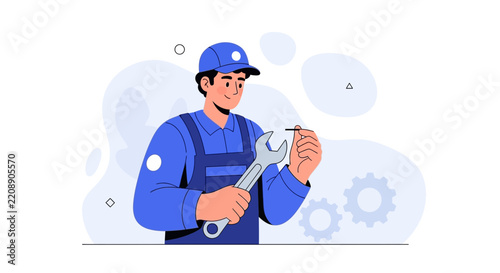Skilled Mechanic with Wrench and Screw, Vector Illustration for Repair and Maintenance Services