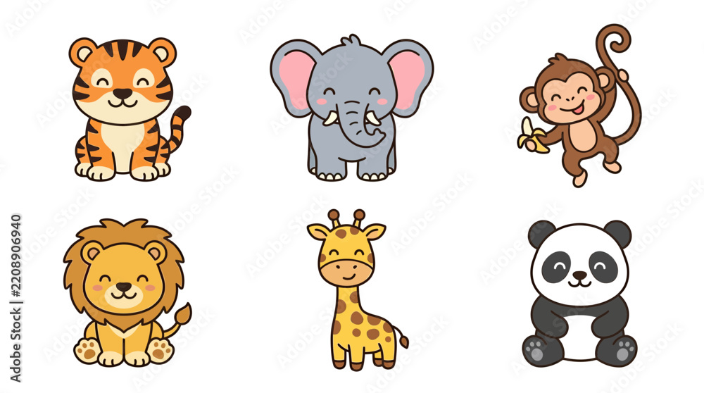 Obraz premium Cute Cartoon Safari Animals Collection Isolated