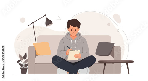 Young man writing in notebook while sitting cross-legged on floor in cozy living room, flat design illustration