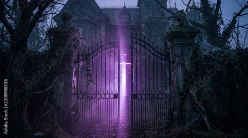 Mysterious Glowing Haunted Mansion Gate at Night