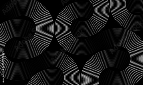 White circular lines on black background. Dynamic geometric composition of seamless pattern. 