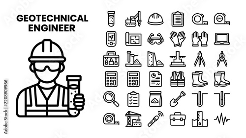 Geotechnical Engineer and Tools: A geotechnical engineer, wearing a hard hat and safety vest, holds a test tube filled with liquid, surrounded by a collection of engineering tools and equipment icons.